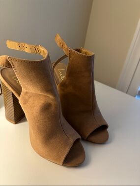 Lulu's Taupe Suede Open-Toe Block Heel Booties